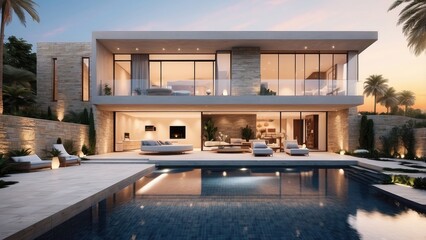 1. "Tranquil Garden Setting and Illuminated Swimming Pool in an Elegant Modern House Under the Night Sky"