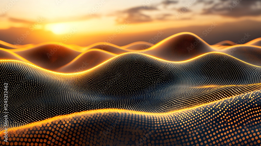 Poster golden hills illuminated by sunset with dotted patterns creating a smooth, flowing texture against a