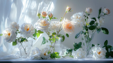 minimalist arrangement of white and pale pink roses in glass vases, creating serene and elegant atmosphere