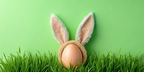 Spring Easter Bunny Ears, Egg & Grass Flat Lay - Bright Green Christian Greeting Card Banner