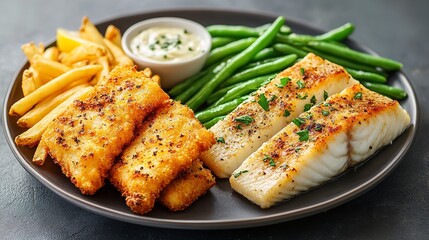 "On the Left, a Plate of Fish Sticks, Fries, and Mayo; On the Right, Steamed White Fish with Lemon and Green Beans, Highlighting the Contrast Between Indulgence and Healthy Living"
