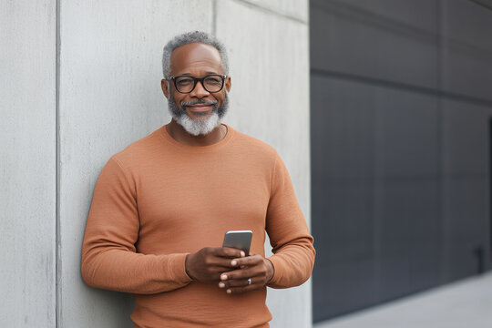 Mature Black man with white beard holding a phone in an urban setting.

