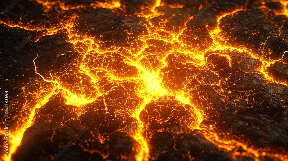 Poster glowing lava cracks creating an intricate pattern on a dark volcanic surface, illuminating the envir