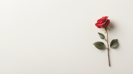 Fototapeta premium single red rose with green leaf, elegantly placed on light background, symbolizes love and beauty