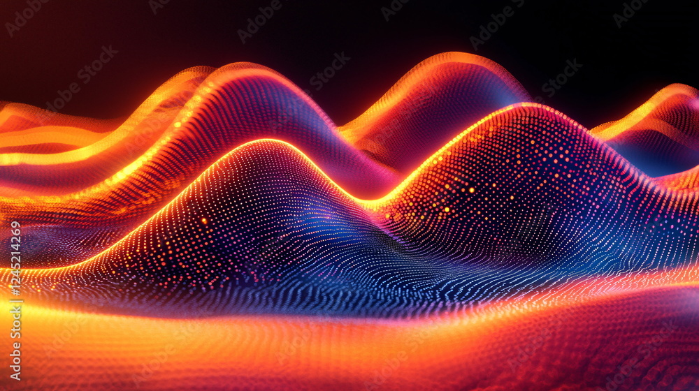 Poster vibrant digital landscape with flowing waves of light in shades of orange, red, and blue, creating a