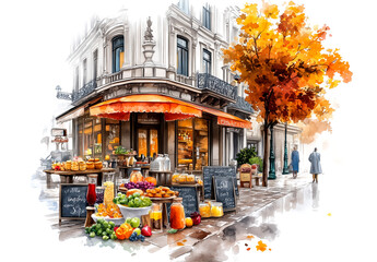 A street scene with a fruit stand and a tree with leaves. Scene is warm and inviting