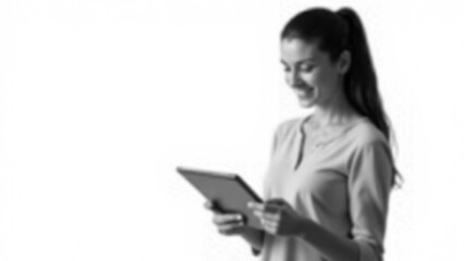 Blurred Woman holding a digital tablet isolated on white background