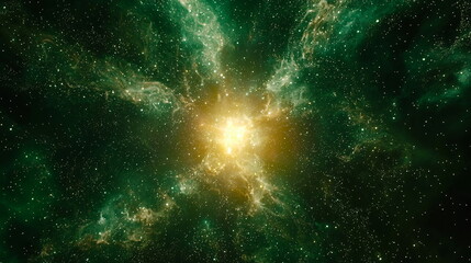 Obraz premium Radiant explosion of cosmic colors in a starry night sky, swirling energy and golden hues blending seamlessly with deep green space and scattered stars.