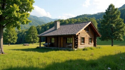 Fototapeta premium Small wooden log cabin in a grassy field surrounded by trees and nature in a tranquil rural landscape