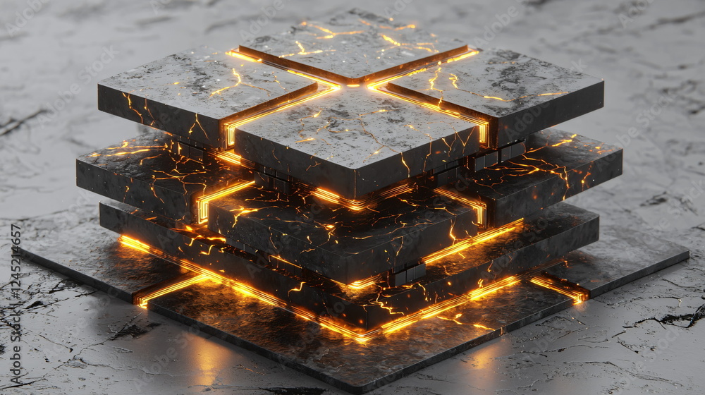 Poster illuminated geometric shapes stacked on a textured surface with glowing edges and a marbled backgrou