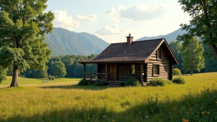 Small wooden log cabin in a grassy field surrounded by trees and nature in a tranquil rural landscape