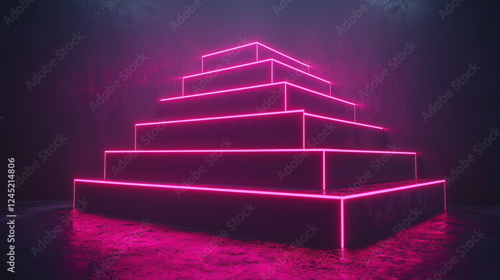 Aufkleber neon pyramid structure with glowing pink lines emitted in a dark, atmospheric environment creating a