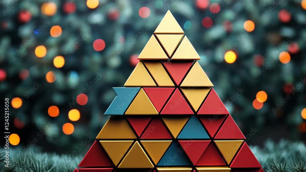 Poster festive geometric tree with twinkling lights and colorful triangles in bokeh glow