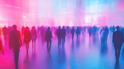 Blurred crowd in vibrant pink and blue light. Ideal for concepts of anonymity, movement, or futuristic events.