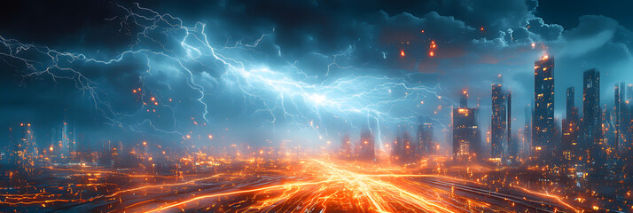 Obraz premium Lightning hitting a futuristic power plant, energy surging through cables.