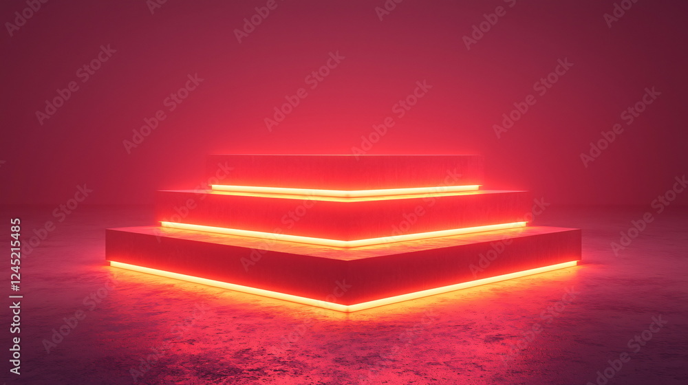 Aufkleber neon glowing pyramid on a foggy surface casting a vivid red light, creating an atmospheric and futur
