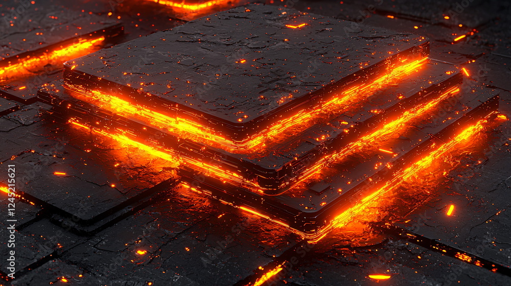 Poster fiery molten layers of black rock with glowing orange magma flowing in between, creating a dramatic 