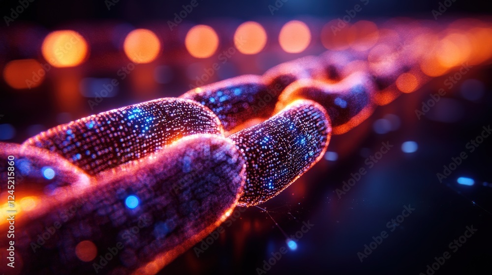 Poster abstract representation of interconnected digital chains glowing in vibrant colors against a dark ba