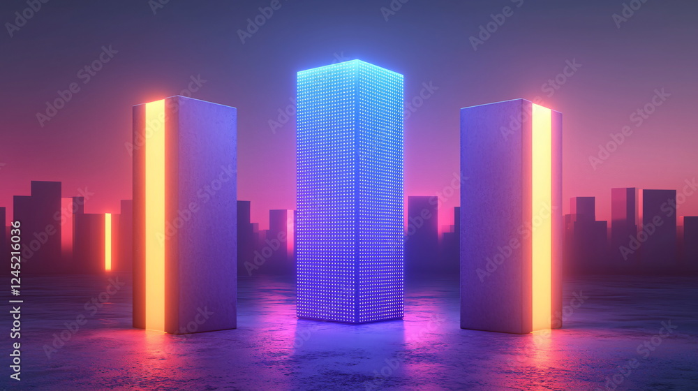 Aufkleber vibrant futuristic cityscape with illuminated rectangular structures glowing in neon colors against 