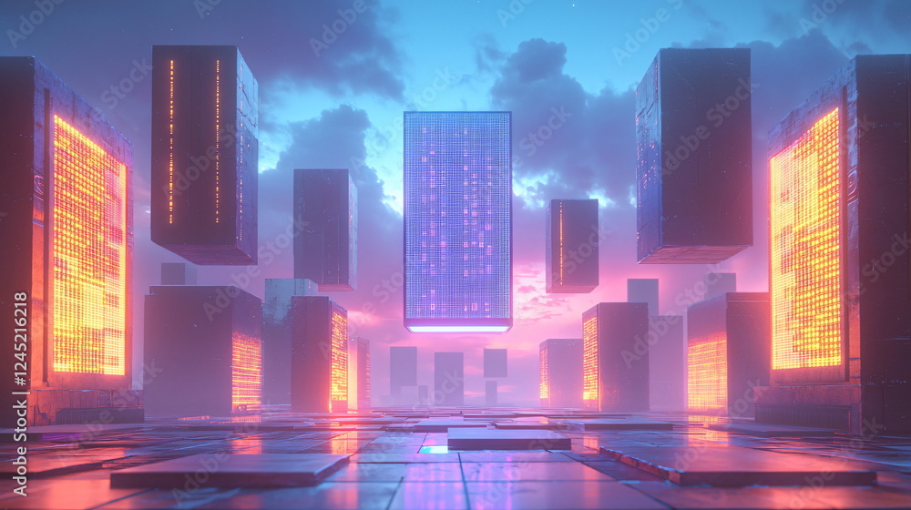 Aufkleber digital landscape featuring floating structures and vibrant colors against a dramatic sky, creating 