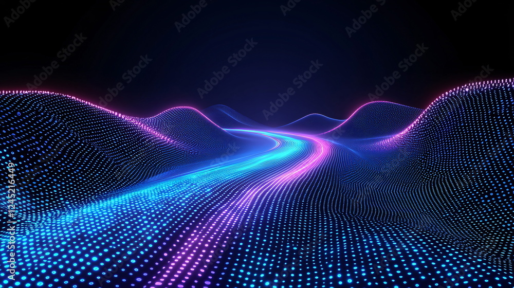 Poster vibrant digital landscape with illuminated wave patterns in shades of blue and pink, creating a futu