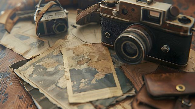 Vintage cameras and old maps arranged on a wooden table, evoking nostalgia for travel adventures