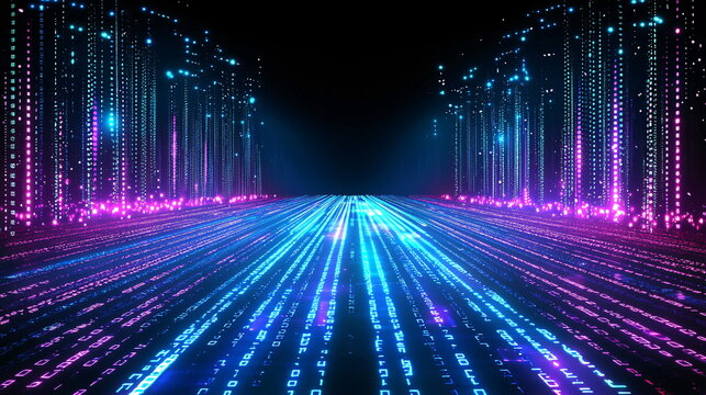 Digital landscape filled with vibrant blue and pink neon lights creating a futuristic ambiance, with binary code cascading down in a mesmerizing pattern across the dark background.