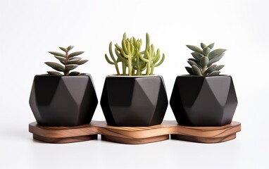 Three small black ceramic pots with wooden stands, each containing one succulent plant, on top of a simple hexagonal wooden stand, against a white background