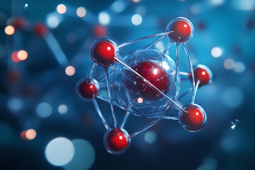 Molecular structure, Spheres, Red, Connecting lines, Transparent sphere, Blue background, Light and shadow effects,