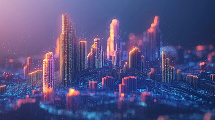 Obraz premium Neon city skyline with illuminated skyscrapers and digital code reflected in the architectural design, showcasing a futuristic urban landscape at night.