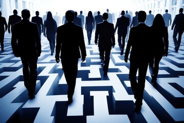 Obraz premium Businesspeople navigate a complex maze. Illustrates challenges, problem-solving, and strategic decision-making in business.