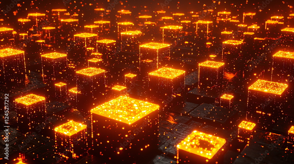 Aufkleber glowing orange cubes floating in a dark, digitally-inspired environment creating a vibrant and dynam