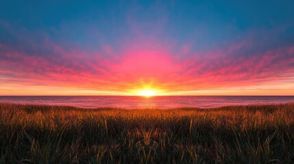 Obraz premium Vibrant sunset over ocean, grasses foreground