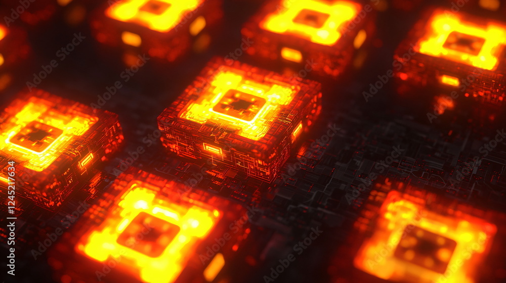 Aufkleber glowing orange blocks with a fiery texture arranged in a futuristic pattern, showcasing intricate de