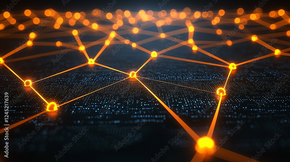 Poster interconnected glowing nodes forming a network on a dark surface illuminated by vibrant orange and y