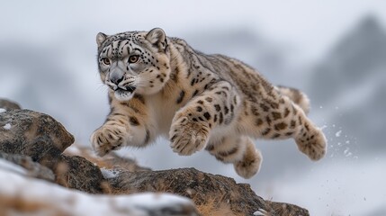 Fototapeta premium Snow leopard mid-air leap through rocky mountainous terrain