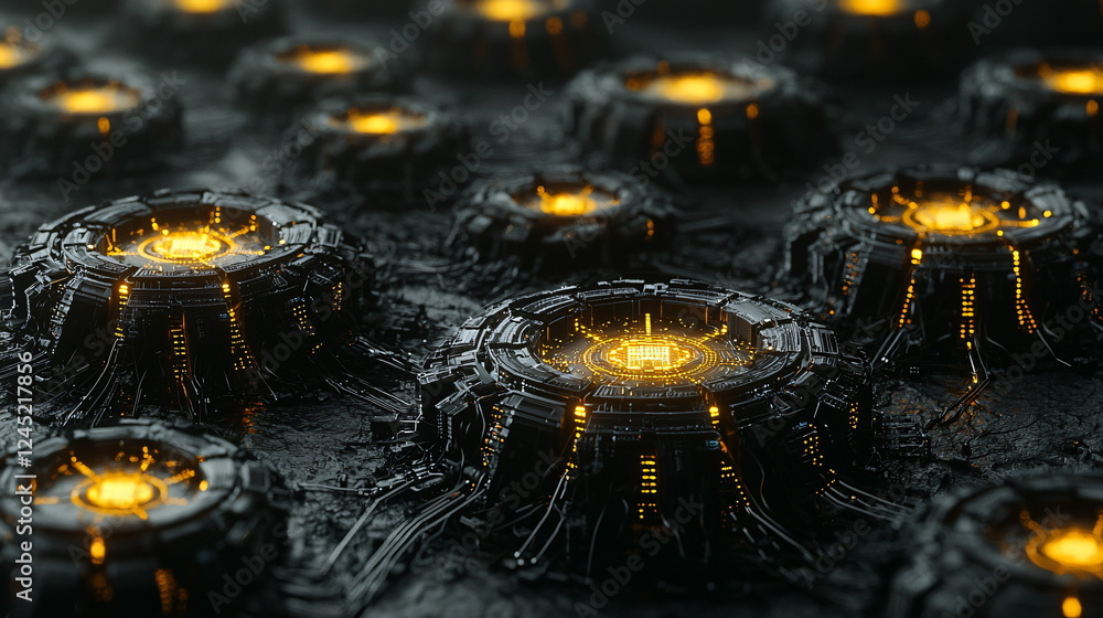 Aufkleber futuristic technology hubs illuminated by yellow lights arranged in a complex pattern on a dark text