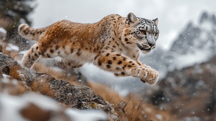 Obraz premium Snow leopard leaping across rocky terrain in mountainous snowy landscape