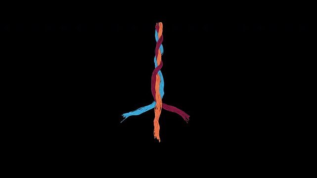 Blue, red, and orange threads are braided, joined together, and then moved from side to side. A stop-motion video made using real thread. It is editable as it is in alpha format.