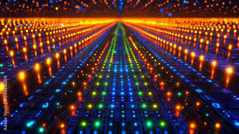 Poster vibrant digital landscape featuring a multitude of colorful lights arranged in a symmetrical pattern