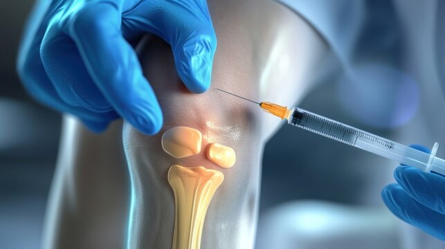Close-up of a doctor injecting a patient's knee with a syringe.