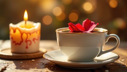White coffee cup decorated with rose petals next to burning candle on rustic wooden table Bokeh background adds romance, making this image suitable for cafes, wedding planners, and gift shops
