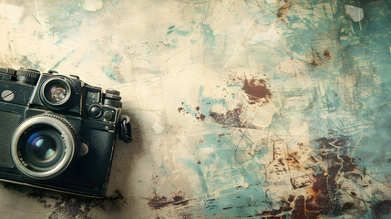 Vintage camera resting on a textured surface with abstract patterns and colors, evoking nostalgia