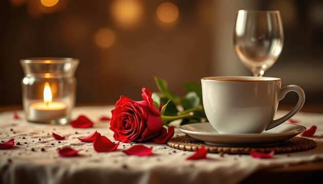 Elegant white coffee cup sits on wicker stand next to fresh red rose and lit candle Rose petals are scattered across soft tablecloth Warm glow creates a romantic atmosphere For cafe and event planners