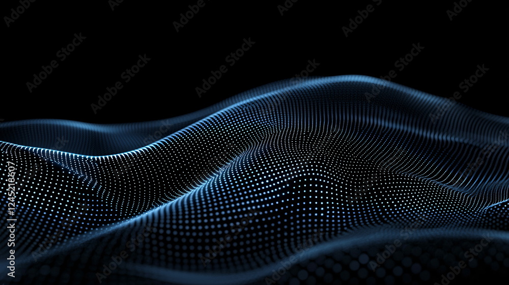 Poster smooth wavy surface with glowing blue dots and a black background creating a digital landscape that 