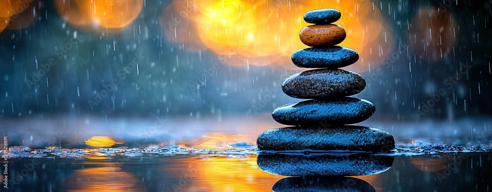 Aufkleber meditation and spa themed, tranquil balance of pebbles stacked on water surface with rainfall and so