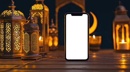 A mockup of a modern Islamic-style phone. A white-screen phone stands on a table next to the lit elegant decorative lanterns. The feast of thanksgiving is Eid al-Adha. The stage is warm