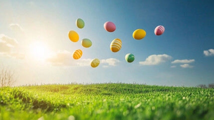 Bright spring meadow, multicolored balloons floating above fresh green grass, cheerful outdoor celebration scene