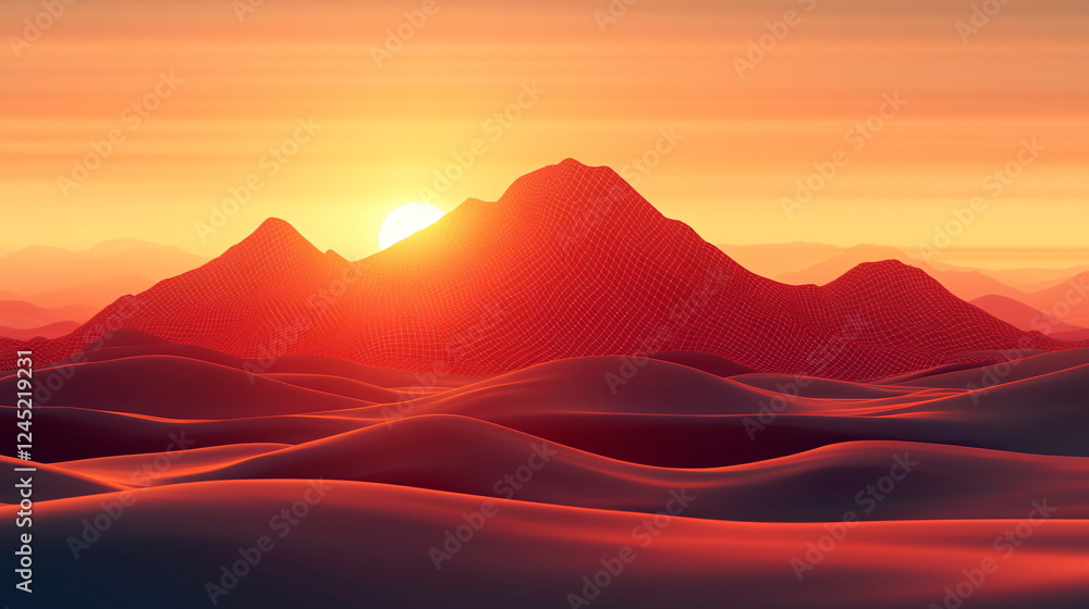 Poster sunset over red mountains with rolling dunes illuminated by warm light and a serene sky casting shad