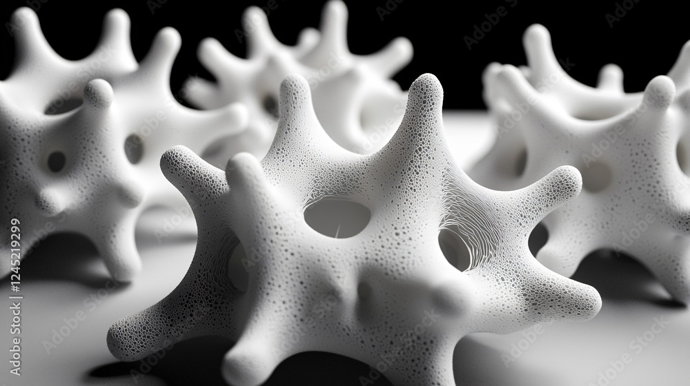 Poster abstract organic shapes with smooth surfaces and intricate patterns arranged in a visually interesti